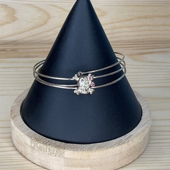 Silver-Tone Triple Band Skull Charm Bracelet With Pink & Clear Rhinestones - Picture 3 of 4